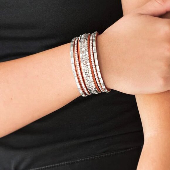 paparazzi Jewelry - Paparazzi Jewelry Accessories -Rebel In Rhinestones - Orange Bracelet - Vintage